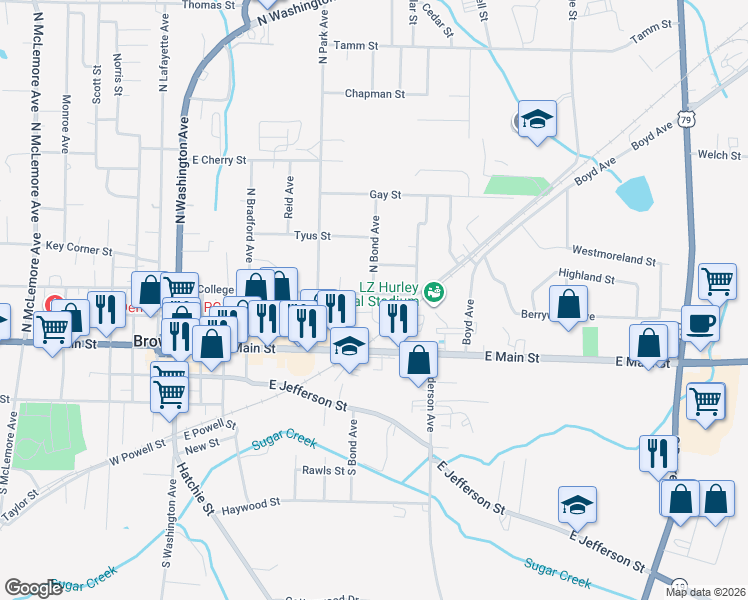map of restaurants, bars, coffee shops, grocery stores, and more near 920 East College Street in Brownsville