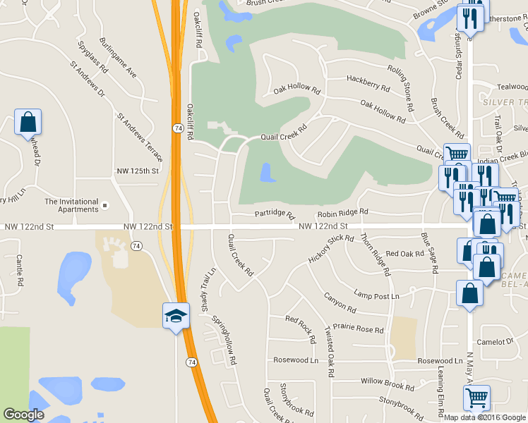 map of restaurants, bars, coffee shops, grocery stores, and more near 3412 Partridge Road in Oklahoma City