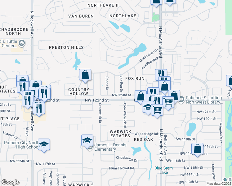 map of restaurants, bars, coffee shops, grocery stores, and more near 6504 Northwest 123rd Street in Oklahoma City