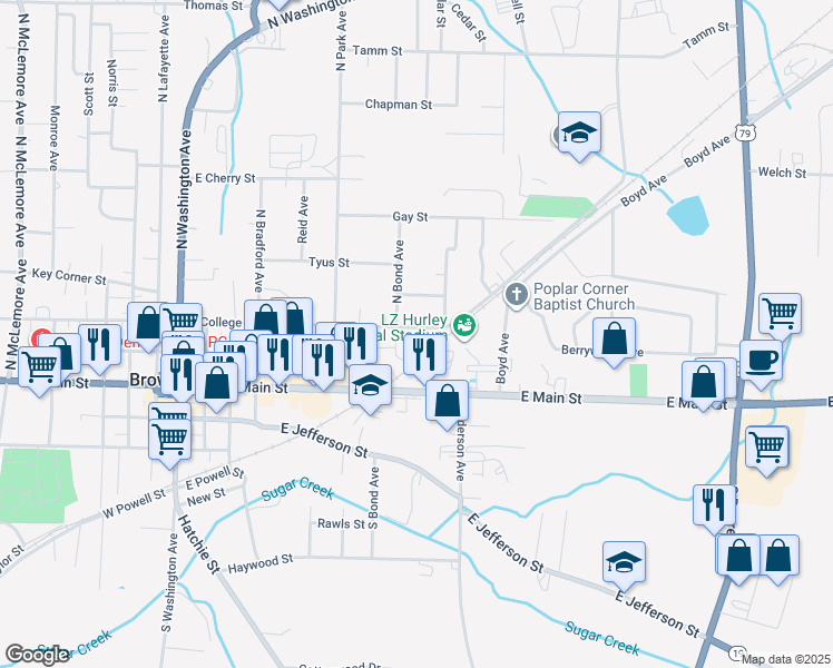 map of restaurants, bars, coffee shops, grocery stores, and more near 920 East College Street in Brownsville