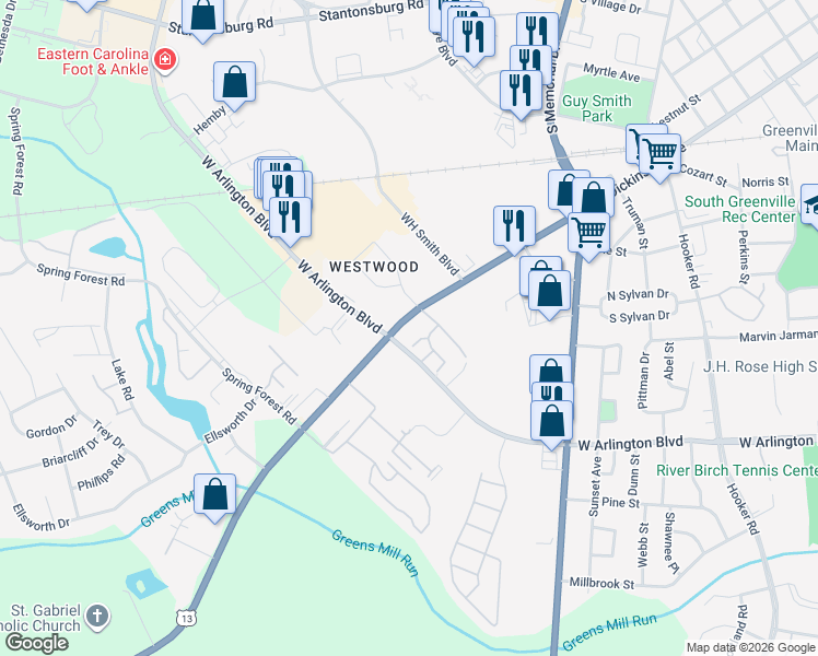 map of restaurants, bars, coffee shops, grocery stores, and more near 300-322 Lindsay Drive in Greenville