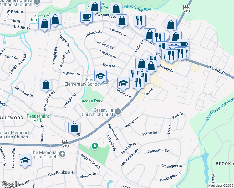 map of restaurants, bars, coffee shops, grocery stores, and more near 3000 Golden Road in Greenville