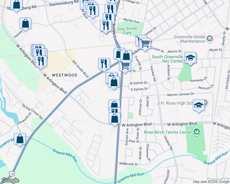 map of restaurants, bars, coffee shops, grocery stores, and more near 2498 South Memorial Drive in Greenville