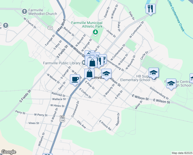 map of restaurants, bars, coffee shops, grocery stores, and more near in Farmville