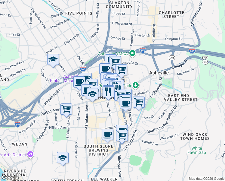 map of restaurants, bars, coffee shops, grocery stores, and more near 68 College Street in Asheville
