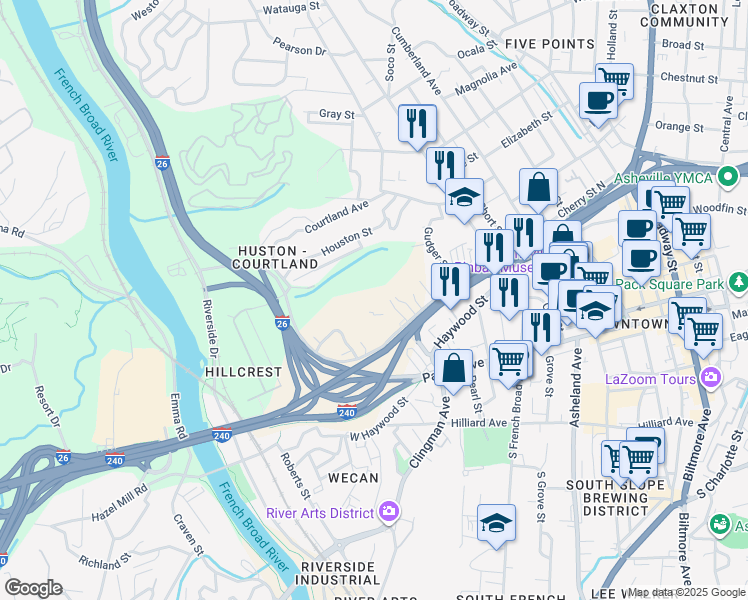 map of restaurants, bars, coffee shops, grocery stores, and more near 125 Hill Street in Asheville