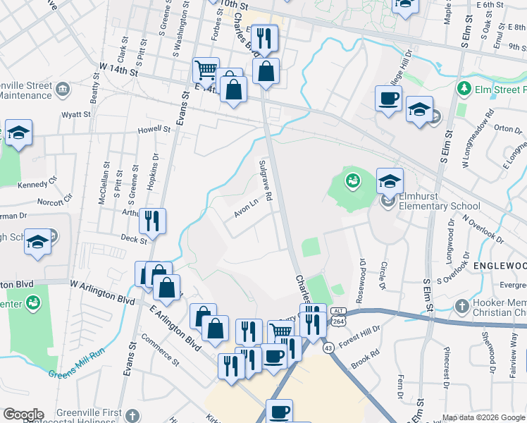 map of restaurants, bars, coffee shops, grocery stores, and more near 108 West Berkshire Road in Greenville