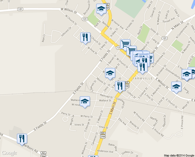 map of restaurants, bars, coffee shops, grocery stores, and more near 398 Moore St in Farmville