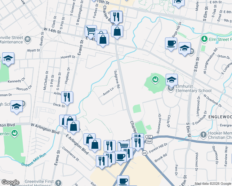 map of restaurants, bars, coffee shops, grocery stores, and more near 108 West Berkshire Road in Greenville