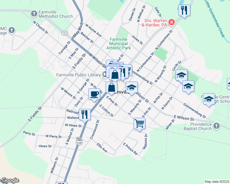 map of restaurants, bars, coffee shops, grocery stores, and more near 3438 South Contentnea Street in Farmville