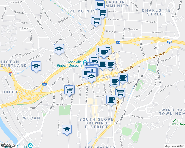 map of restaurants, bars, coffee shops, grocery stores, and more near 21 Battery Park Avenue in Asheville
