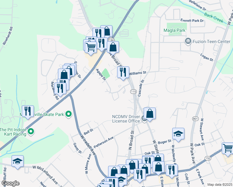 map of restaurants, bars, coffee shops, grocery stores, and more near 195 Piedmont Point Drive in Mooresville