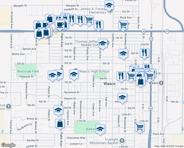 map of restaurants, bars, coffee shops, grocery stores, and more near 625 Cedar Avenue in Wasco
