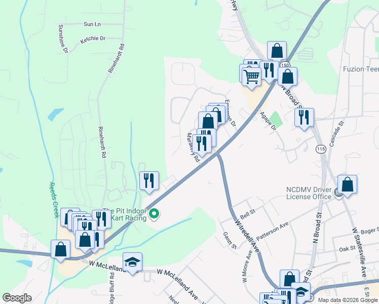map of restaurants, bars, coffee shops, grocery stores, and more near 117 Marakery Road in Mooresville