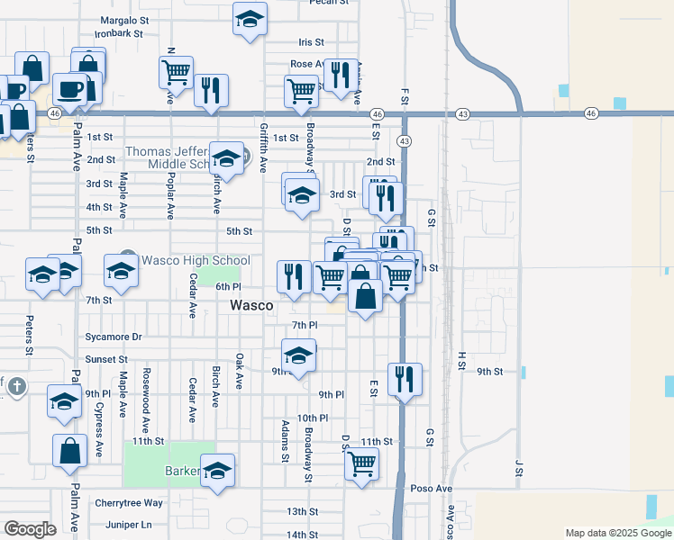 map of restaurants, bars, coffee shops, grocery stores, and more near 637 D Street in Wasco