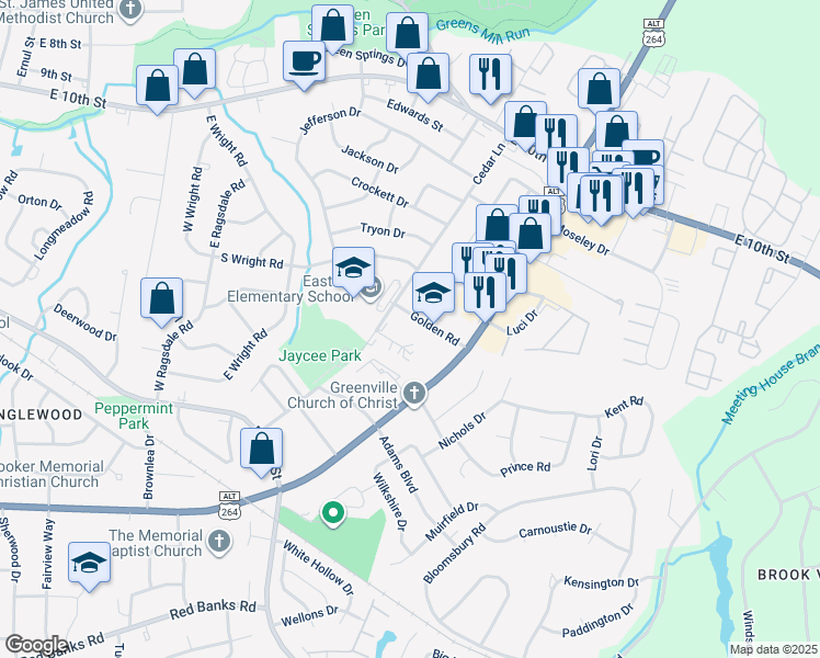 map of restaurants, bars, coffee shops, grocery stores, and more near 107 Cedar Court in Greenville