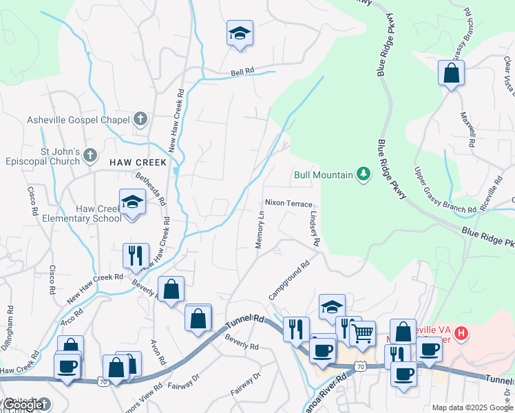 map of restaurants, bars, coffee shops, grocery stores, and more near 55 Memory Lane in Asheville