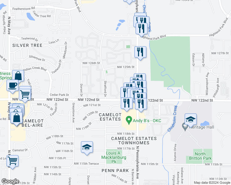 map of restaurants, bars, coffee shops, grocery stores, and more near 2201 Northwest 122nd Street in Oklahoma City