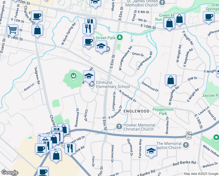 map of restaurants, bars, coffee shops, grocery stores, and more near 1602 South Elm Street in Greenville