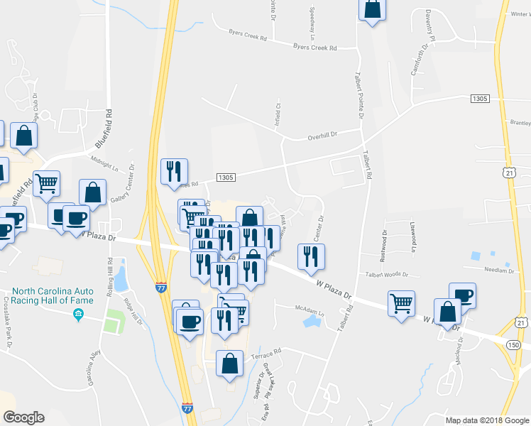 map of restaurants, bars, coffee shops, grocery stores, and more near 145 Delargy Circle in Mooresville
