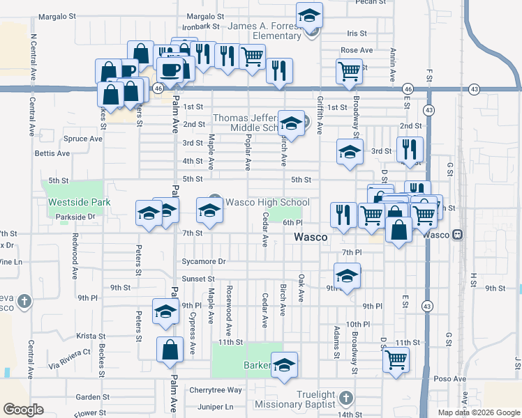 map of restaurants, bars, coffee shops, grocery stores, and more near 625 Cedar Avenue in Wasco