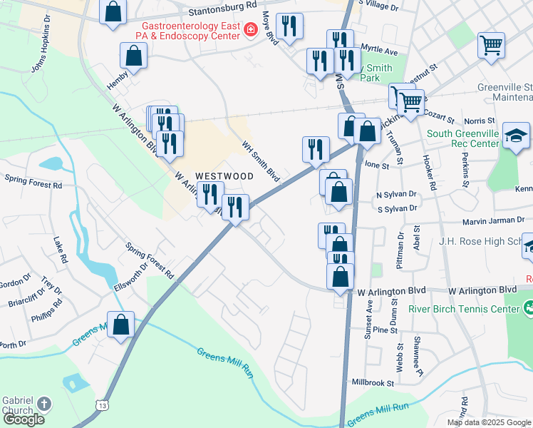 map of restaurants, bars, coffee shops, grocery stores, and more near 300 Lindsay Drive in Greenville