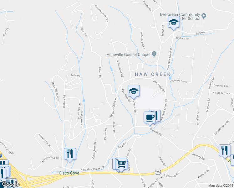map of restaurants, bars, coffee shops, grocery stores, and more near 250 Old Haw Creek Road in Asheville