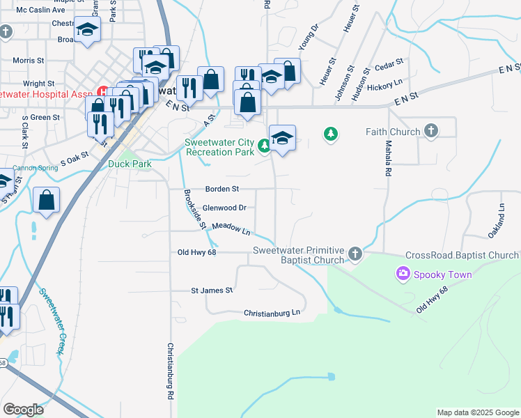 map of restaurants, bars, coffee shops, grocery stores, and more near 209 Meadow Lane in Sweetwater