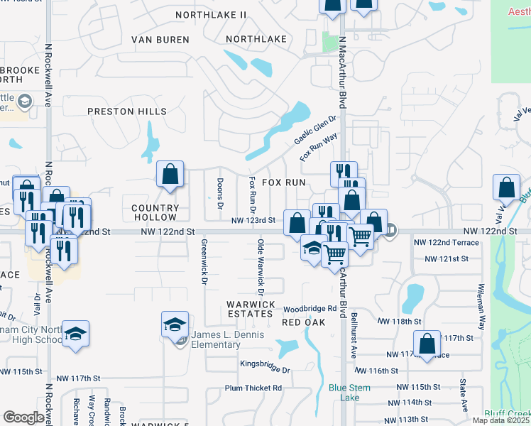 map of restaurants, bars, coffee shops, grocery stores, and more near 6324 Northwest 123rd Street in Oklahoma City