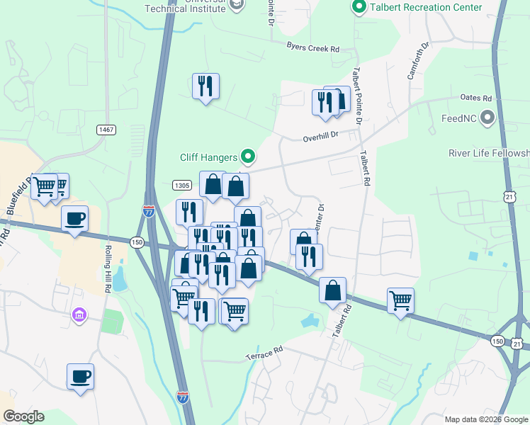 map of restaurants, bars, coffee shops, grocery stores, and more near 121 Delargy Circle in Mooresville
