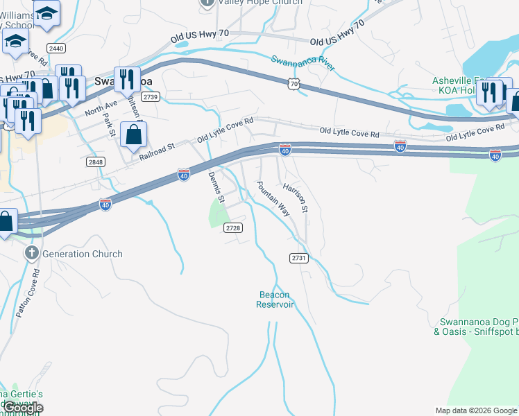map of restaurants, bars, coffee shops, grocery stores, and more near 99999 Lytle Cove Road in Swannanoa