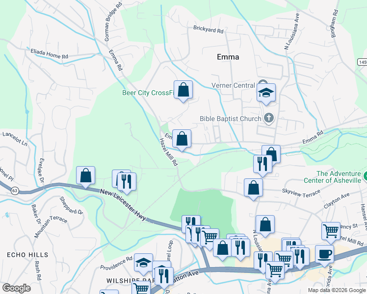 map of restaurants, bars, coffee shops, grocery stores, and more near 537 Hazel Mill Road in Asheville