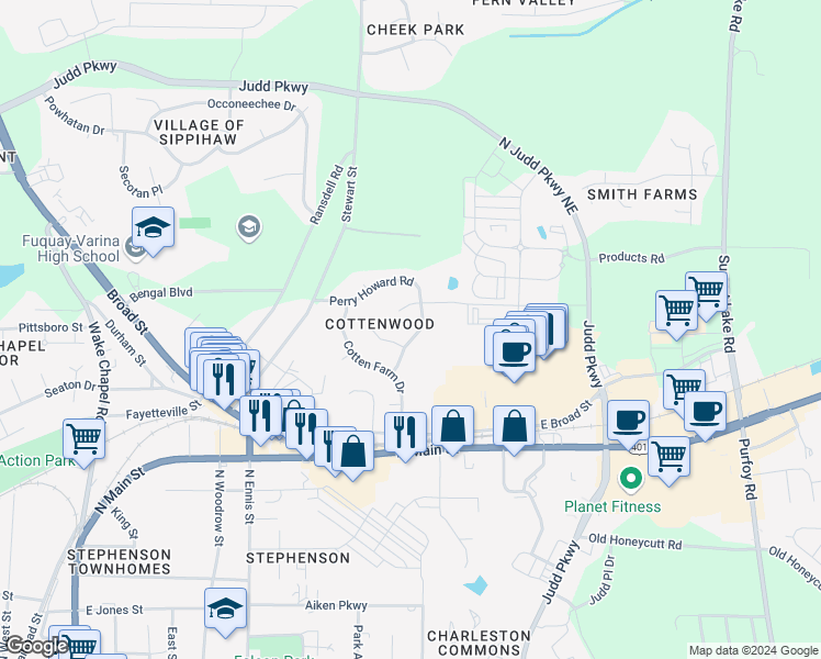 map of restaurants, bars, coffee shops, grocery stores, and more near 812 Perry Howard Road in Fuquay-Varina
