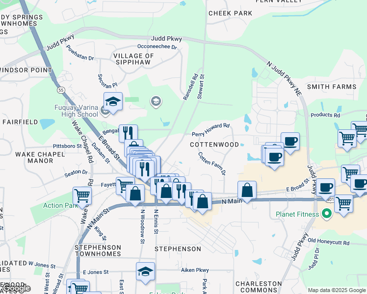 map of restaurants, bars, coffee shops, grocery stores, and more near 1016 Stewart Street in Fuquay Varina