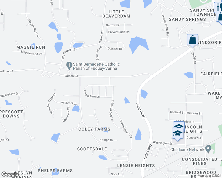 map of restaurants, bars, coffee shops, grocery stores, and more near Crimson Oak Lane in Fuquay Varina