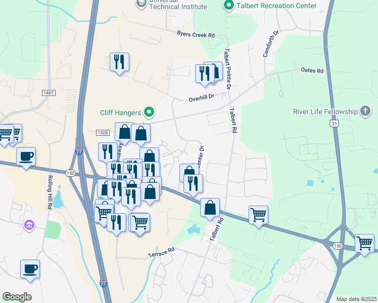 map of restaurants, bars, coffee shops, grocery stores, and more near 107 Navigator Ct in Mooresville