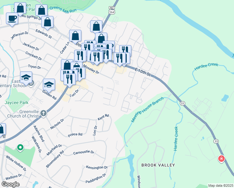 map of restaurants, bars, coffee shops, grocery stores, and more near 3313 Moseley Drive in Greenville