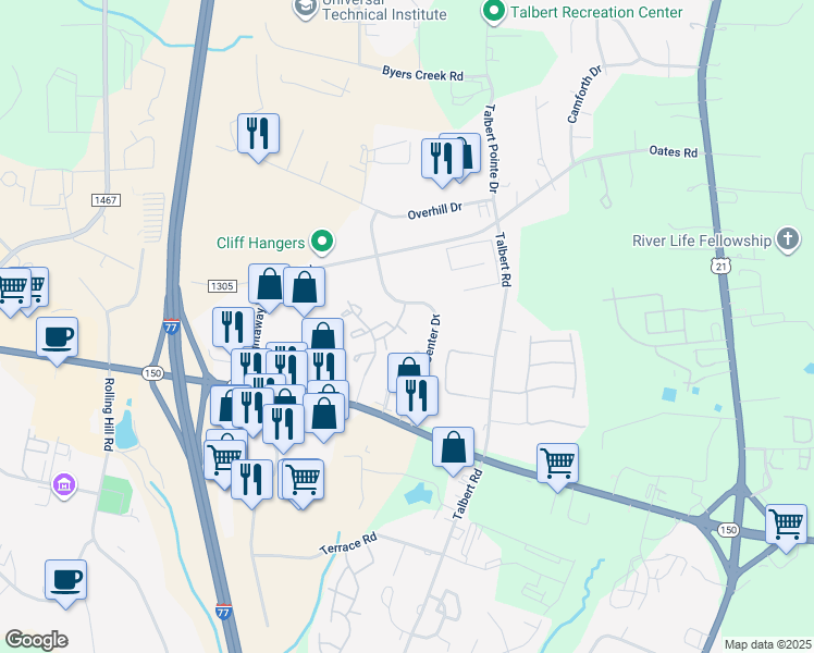 map of restaurants, bars, coffee shops, grocery stores, and more near 107 Navigator Ct in Mooresville