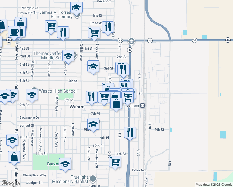 map of restaurants, bars, coffee shops, grocery stores, and more near 622 D Street in Wasco