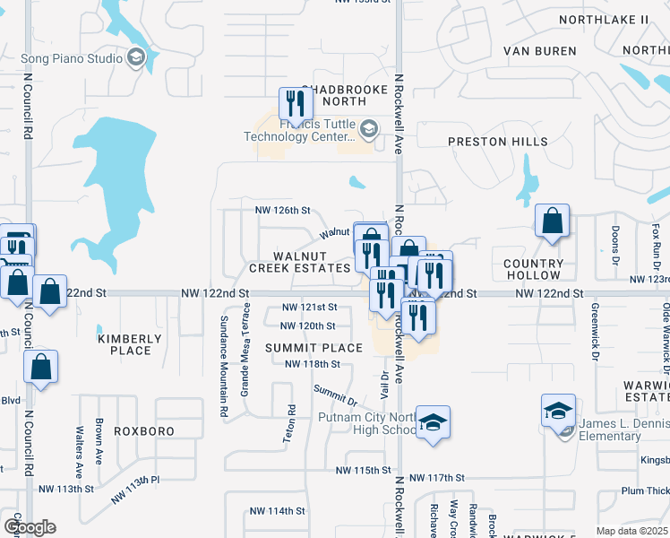 map of restaurants, bars, coffee shops, grocery stores, and more near 7201 Northwest 122nd Street in Oklahoma City
