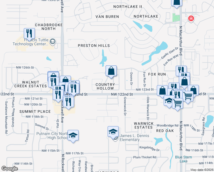 map of restaurants, bars, coffee shops, grocery stores, and more near 6636 Northwest 123rd Street in Oklahoma City