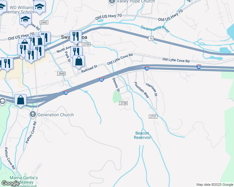 map of restaurants, bars, coffee shops, grocery stores, and more near 4 Nolan Field Lane in Swannanoa