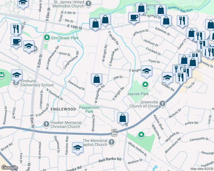 map of restaurants, bars, coffee shops, grocery stores, and more near 2411 Umstead Avenue in Greenville