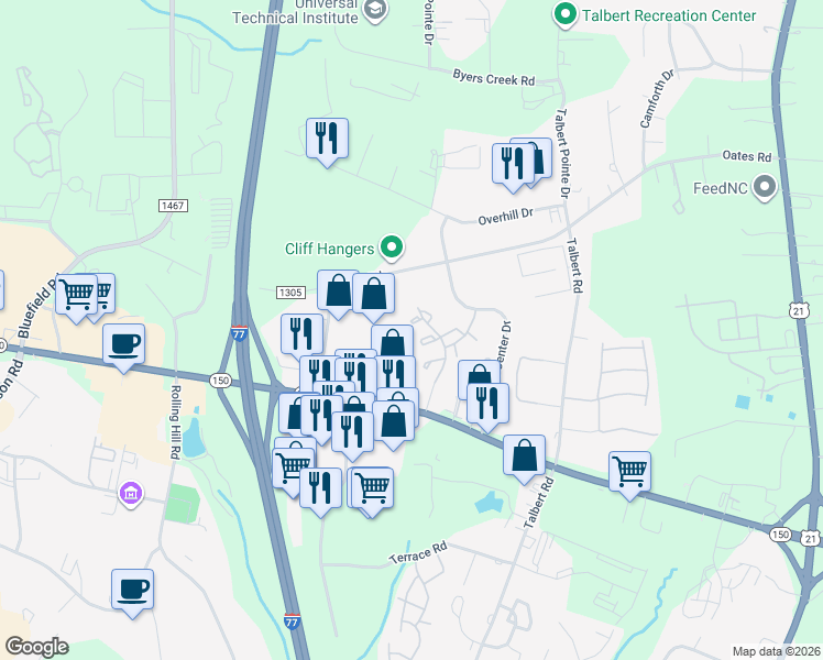 map of restaurants, bars, coffee shops, grocery stores, and more near 121 Delargy Circle in Mooresville