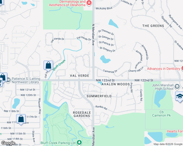 map of restaurants, bars, coffee shops, grocery stores, and more near 12308 Deerwood Circle in Oklahoma City