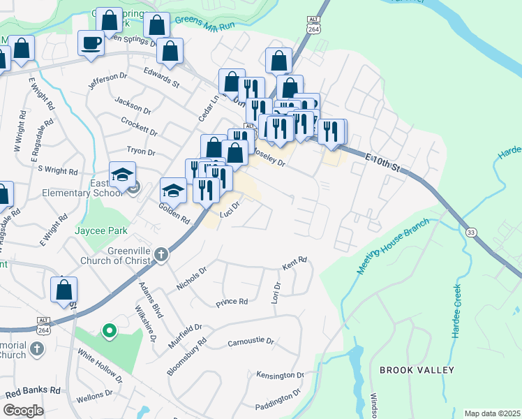 map of restaurants, bars, coffee shops, grocery stores, and more near 400 Eastbrook Drive in Greenville
