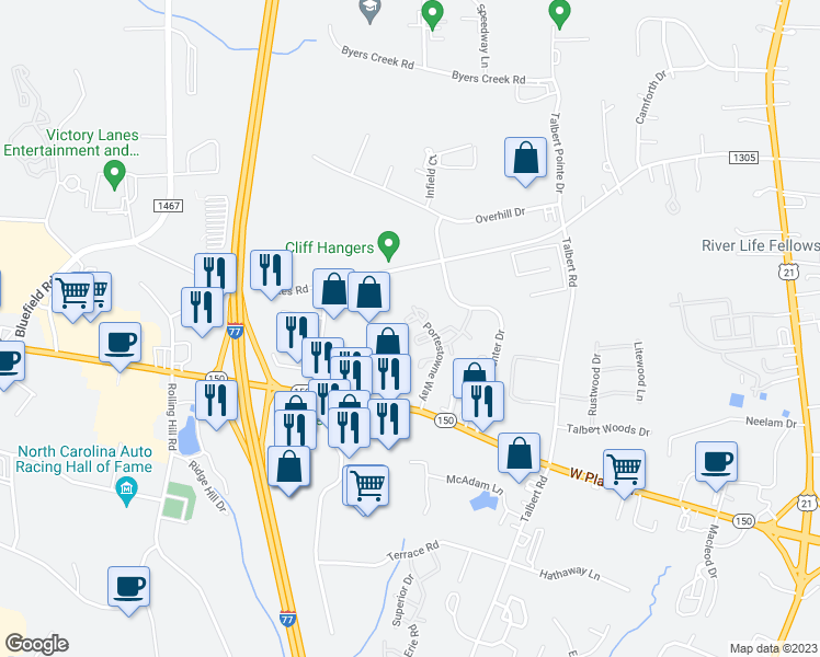 map of restaurants, bars, coffee shops, grocery stores, and more near 121 Delargy Circle in Mooresville