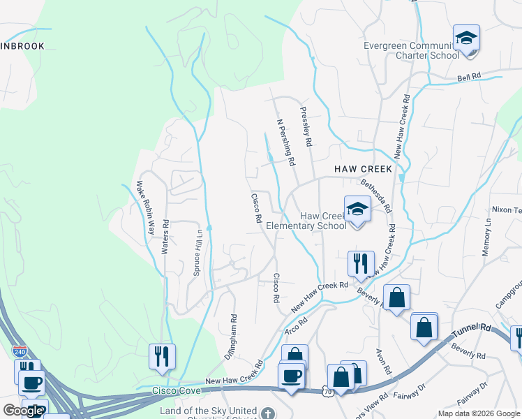 map of restaurants, bars, coffee shops, grocery stores, and more near 52 Cisco Road in Asheville