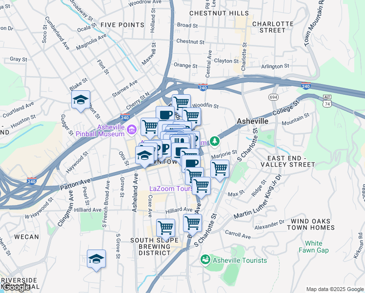 map of restaurants, bars, coffee shops, grocery stores, and more near 11 Patton Avenue in Asheville