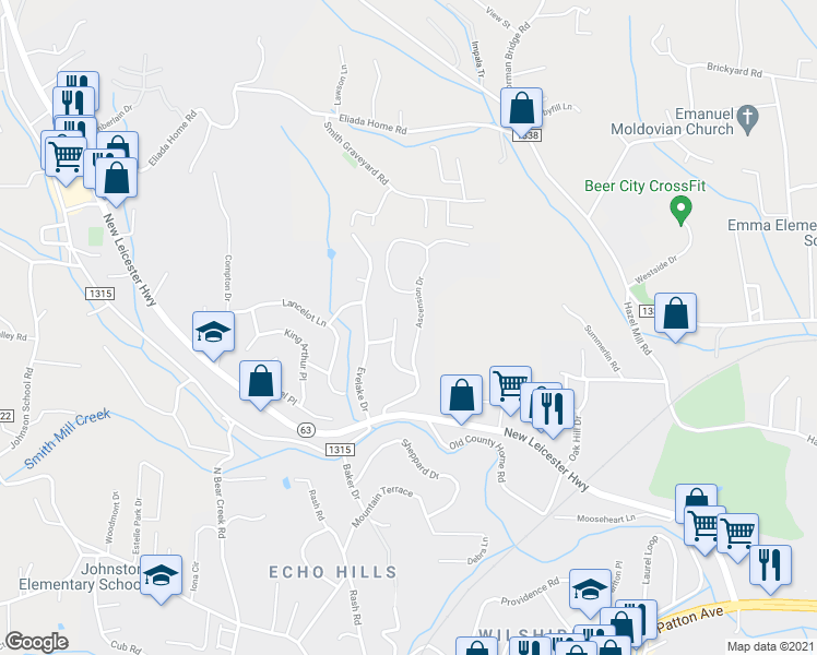 map of restaurants, bars, coffee shops, grocery stores, and more near 17 Ascension Drive in Asheville